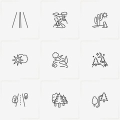 Landscape line icon set with forest path , road and forest and moonlight