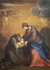 REGGIO EMILIA, ITALY - APRIL 13, 2018: The painting of Madonna with the Saint Felice di Cantalice in church Chiesa di Santo Stefano by Alessandro Tiarini (1577 - 1668). - obrazy, fototapety, plakaty