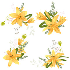 Fototapeta na wymiar A bunch of set bouquets of different compositions. With additional elements of floral design. Vector illustration.