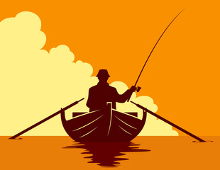 Fishing in a boat at sunset 