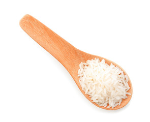 rice in wood spoon isolated on white background