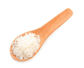 rice in wood spoon isolated on white background