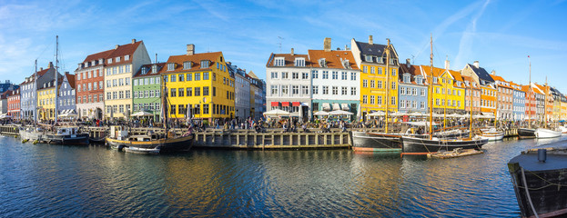 Panorama view of Nyhavn with the canal in Copenhagen city, Denmark - obrazy, fototapety, plakaty