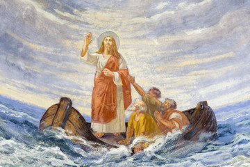 REGGIO EMILIA, ITALY - APRIL 12, 2018: The modern fresco Jesus Calms the Storm in church Chiesa di...