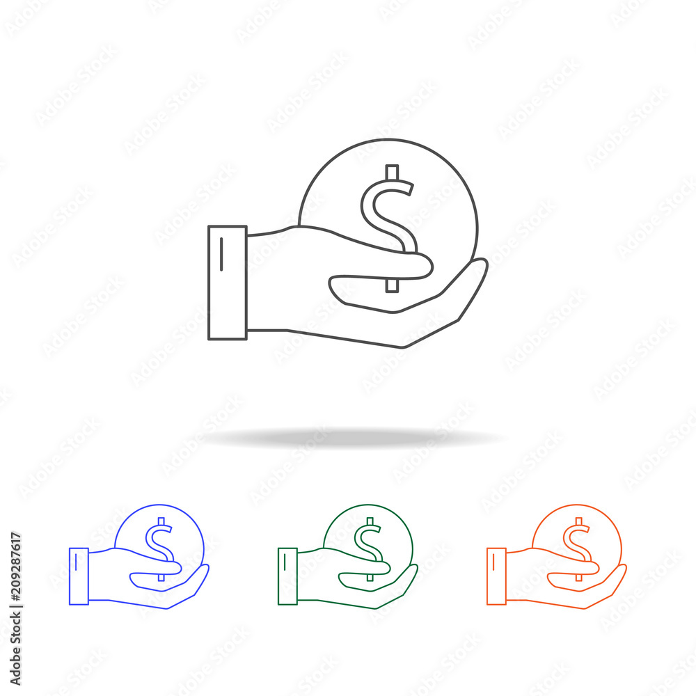 Poster hand holds a coin icon. elements of banking in multi colored icons. premium quality graphic design i