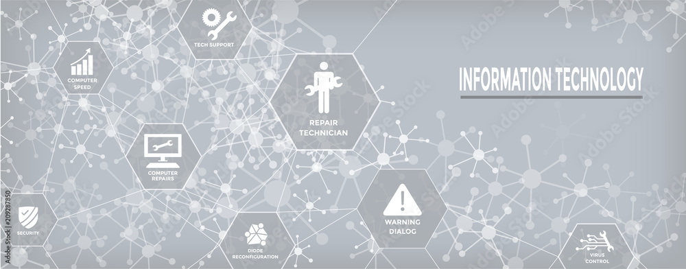Wall mural information technology web header banner with wrench, repairman, computer icons, etc