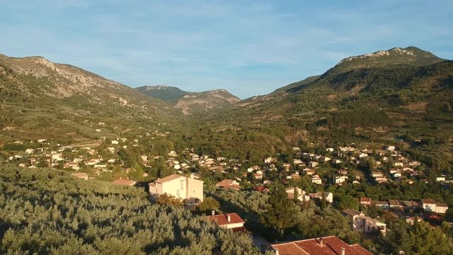 Drone shot of a cosy and beautiful village in France, close to the Mont Ventoux. The village is called Buis Les Baronnies.