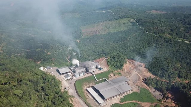 Aerial drone footage of palm oil refinery in Borneo, Malaysia. Palm oil is used to make biofuel.