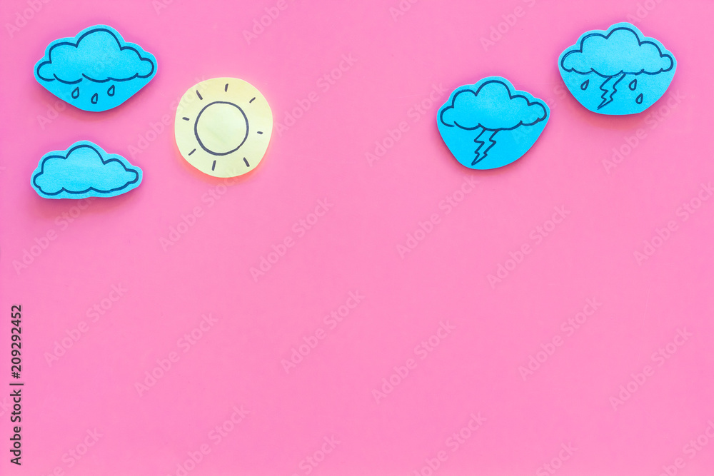 Wall mural weather forecast concept. modern weather icons set on pink background top view copy space