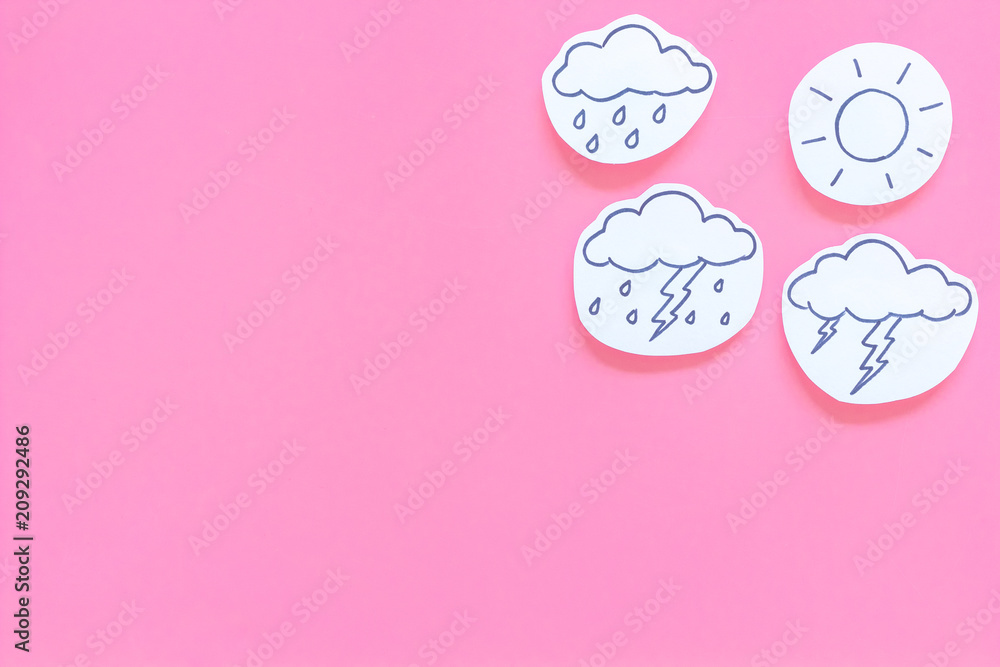 Canvas Prints weather forecast concept. modern weather icons set on pink background top view copy space