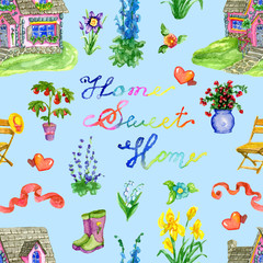 Seamless background with old cottage, garden objects, flowers and lettering. Vintage rural pattern with watercolor illustrations. Gardening and home countryside concept  