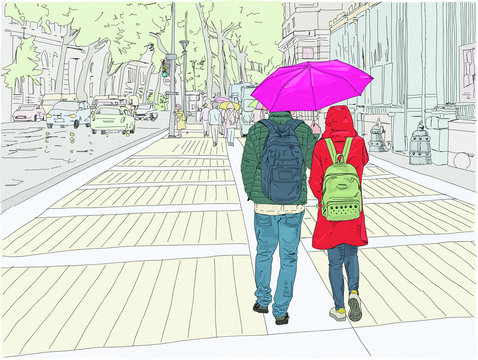 Romantic scene with a young couple wandering Paris in the rain, using a bright pink umbrella. Hand drawn vector illustration.