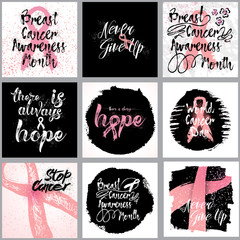 Fototapeta na wymiar Breast cancer awareness ribbon background set. Set of pink ribbon and calligraphy breast cancer awareness quotes cards. Badges in pink. Breast cancer month in October posters and flyers. Vector.