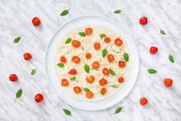 Preparing vegetarian tortilla with tomatoes, cheese and basil