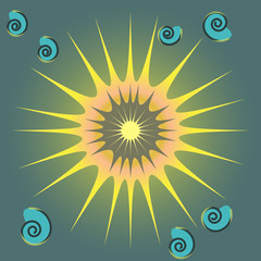 Abstract fragment of a tile with the image of the sun and sea shells. Vector graphics