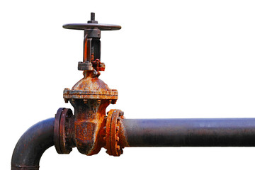 rusty gate valve on a pipeline isolated on white background