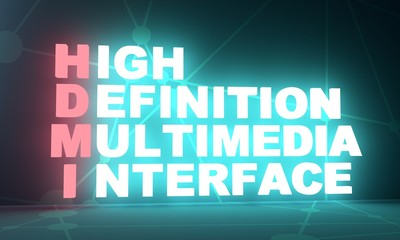 Acronym HDMI - High Definition Multimedia Interface. Technology conceptual image. 3D rendering. Neon bulb illumination