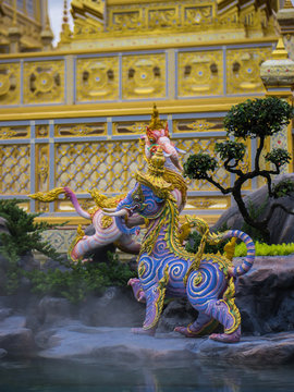 Bangkok Thailand, November 11, 2017 : Lion-like mythical creatures of Himvanta around The Royal crematorium of King Rama IV