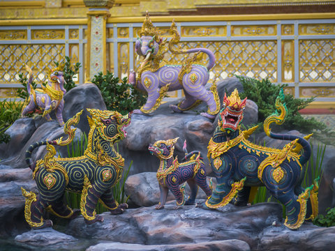 Bangkok Thailand, November 11, 2017 : Lion-like mythical creatures of Himvanta around The Royal crematorium of King Rama IV