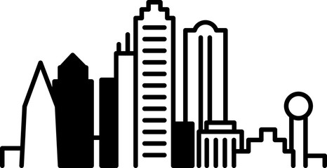 Simple icon illustration of the skyline of the city of Dallas, Texas, USA in black and white.