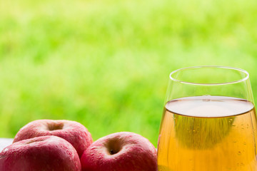 Glass of apple juice and red apples with natural green background