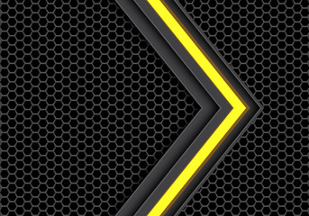Abstract yellow light arrow on dark gray hexagon mesh design modern futuristic technology background vector illustration.