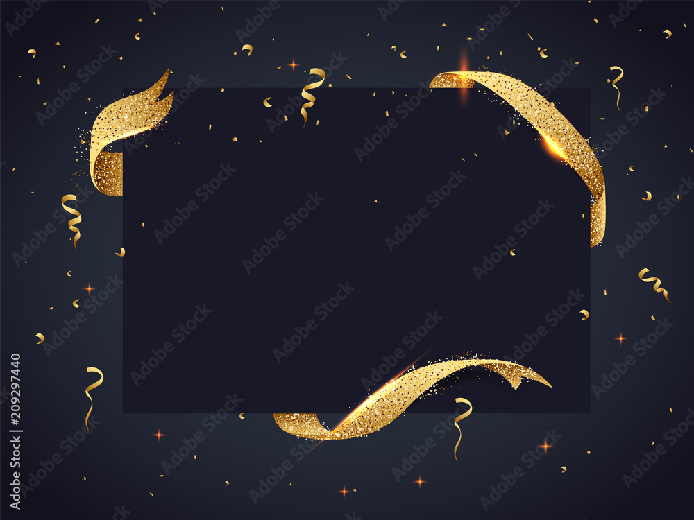 Wall mural black frame decorated with golden ribbon and confetti for celebration concept.