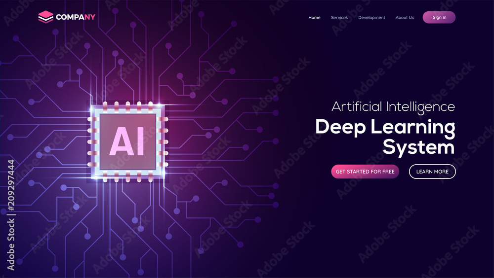 Poster artificial intelligence (ai) landing page. website template for deep learning concept.