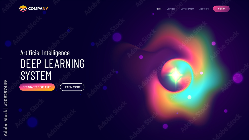 Poster website or mobile app landing page with illustration of colorful delusion page for deep learning con