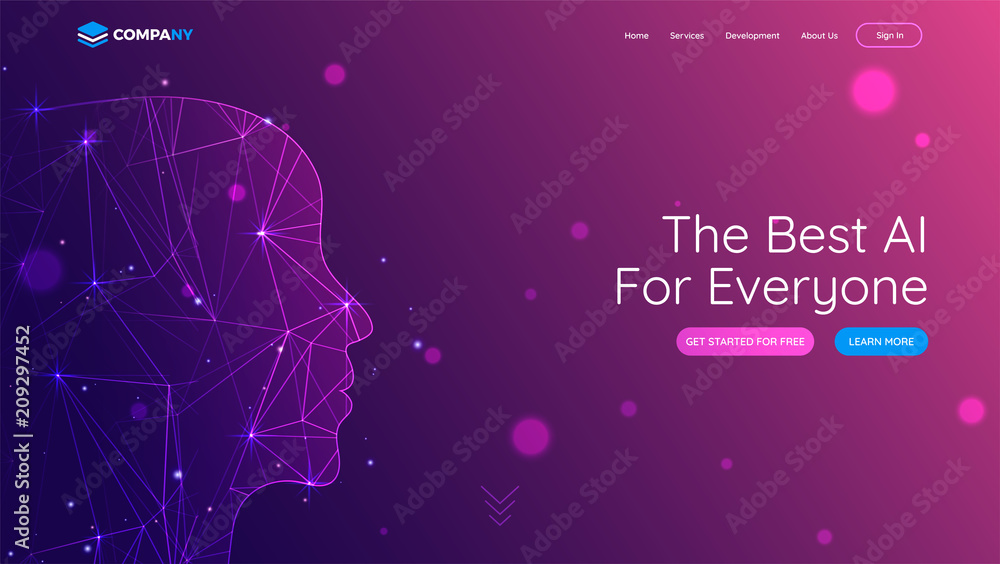 Poster landing page with human face made by digital mesh network for best ai concept.