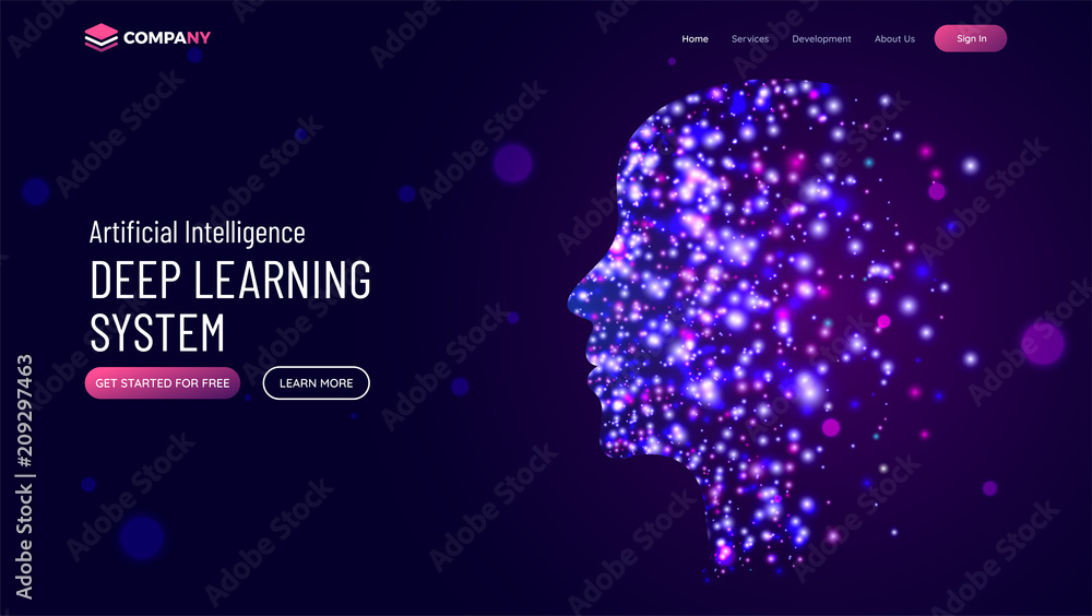 Poster website hero banner with illustration of human face made by glowing molecule particle for deep learn