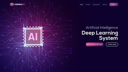 Artificial Intelligence (AI) landing page. Website template for deep learning concept. - obrazy, fototapety, plakaty