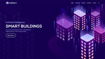 Isometric view of smart buildings, Concept for Artificial Intelleigent (AI) landing page.