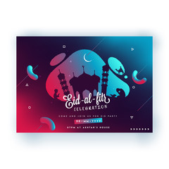 Muslim men offering namaz, silhouette mosque, moon on abstract background, Eid-Al-Fitr celebration concept.