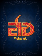 Text Eid Mubarak with crescent moon, arabic floral background.