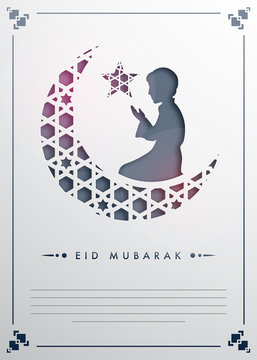 Muslim boy praying on abatract floral moon and star in paper cut style on shiny white background for Eid Mubarak festival.