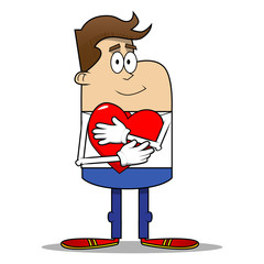 Simple retro cartoon of a businessman hugging big red heart. Vector cartoon illustration.