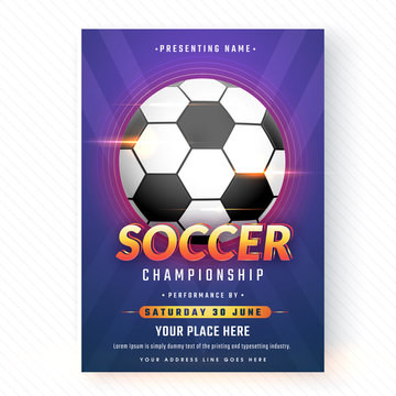 Soccer Champion text with glossy football on rays blue background.