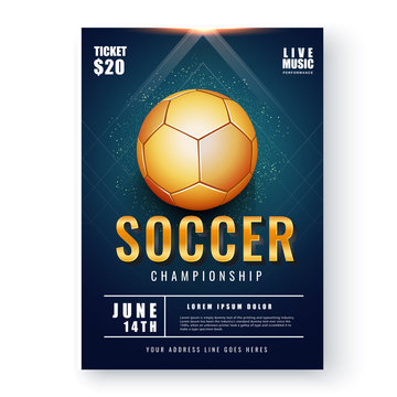 Glossy golden football and Soccer Championship text on blue abstract background.