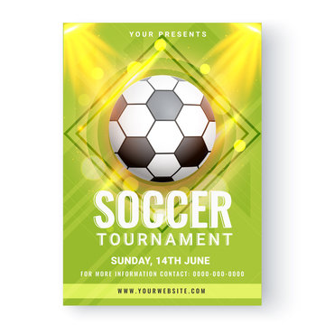 Glossy Soccer Tournament text and football on lights background.