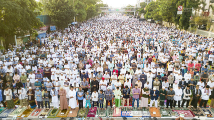 Thousands of muslims praying together on the street during Eid-ul Fitr day