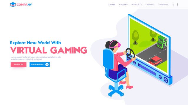Hero banner or landing page with girl character playing video game for Virtual gaming concept.