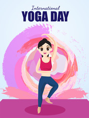Young girl in yoga pose on watercolor background, Template or flyer design.