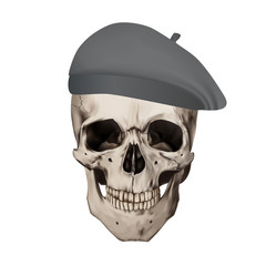 Obraz premium Human realistic skull with a beret. White background. Anatomy vector illustration.