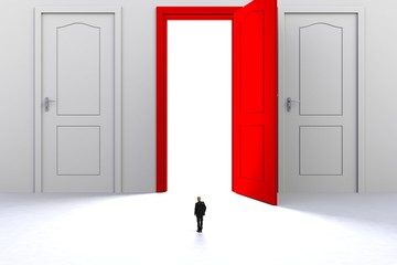 Success concept with businessman, Image of miniature businessman standing in front of open red door on white wall background, 3D rendering
