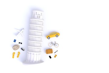 Leaning Tower of Pisa, Italy, Europe, Italian Architecture, Top view of Traveler's accessories abstract minimal white background, Essential vacation items, Travel concept, 3d rendering