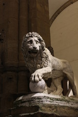 Close up of the lion in Loggia dei Lanzi in Florence Signoria square, night view