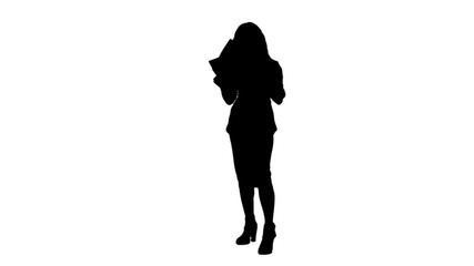 Silhouette Young business woman holding documents, reading papers track matte