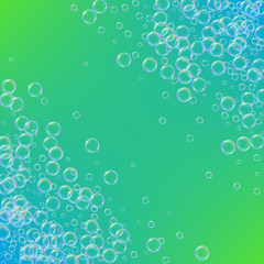 Soap foam on gradient background. Realistic water bubbles 3d. Cool rainbow colored liquid foam with shampoo bubbles. Cosmetic flyer and invite. Soap for bath and shower. Vector EPS10.