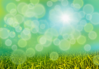 Obraz premium Green grass background with bokeh and rainbow